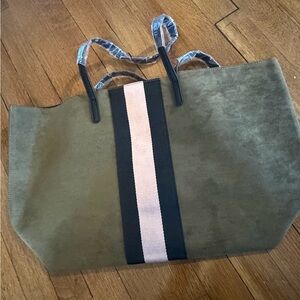 NWT Suede Olive Green Tote Bag with Pink and Black Stripe